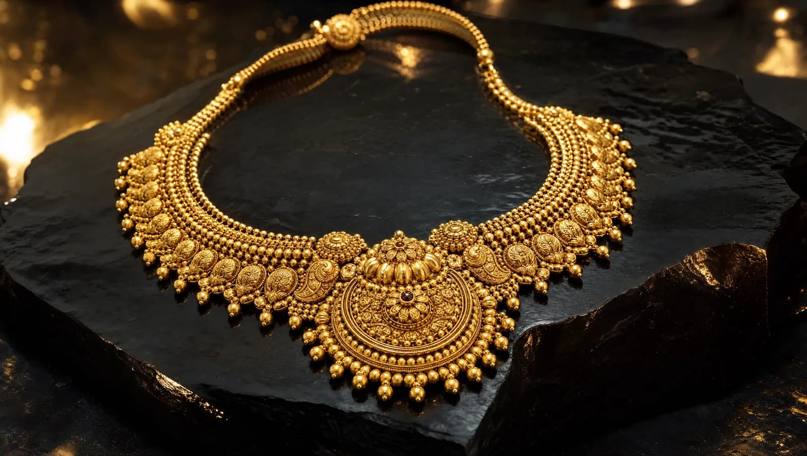 Ornate 22K Maharashtrian gold necklace — the kind of gold valued at Kalash Jewellers, Kamothe